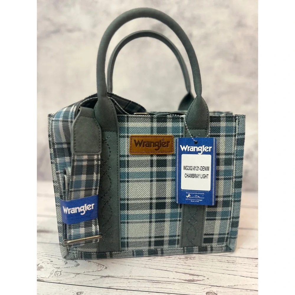 Wrangler Montana West Plaid Tote‎ Bag Chambray Light Denim